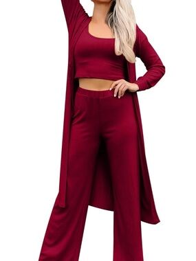 Amazon Women's Ribbed Wide-Leg Lounge Pants and Cardigan Set - Burgundy